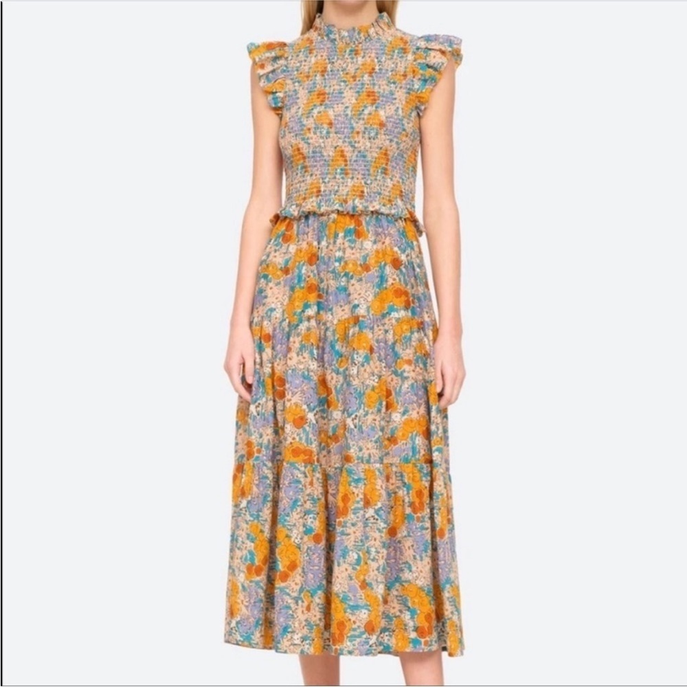 Sea Biarritz Floral Smocked Ruffle Cap Sleeve Tiered Midi Dress Orange Sz 12